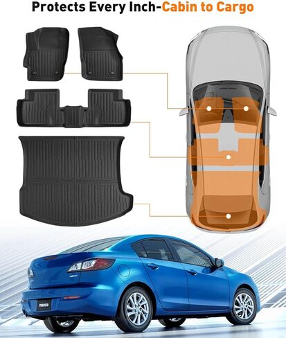 بطانة صندوق السيارة وسجادات الأرضية لسيارة مازدا 3 سيدان (ليست لسيارة هاتشباك): 2010 2011 2012 2013 بطانات أرضية حماية كاملة لجميع الأحوال الجوية الصف الأول والثاني + مجموعة كاملة من سجادة صندوق السيارة ملحقات سوداء (4 قطع) in Kuwait