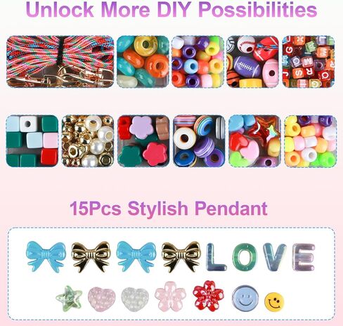 Vervezen DIY Bead Kit with Keychain, 304Pcs Acrylic Colorful Beads for Bag Charm Accessories, Creative Gifts for Women, Mother, Friends & Lovers, Bead Kit Alternative, for Party Family Activity in Kuwait