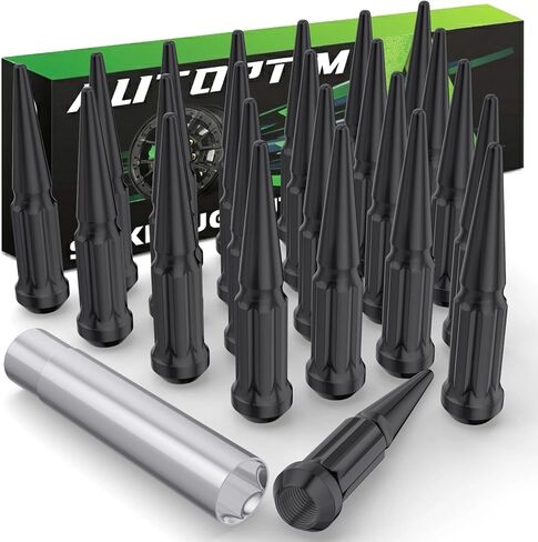 AUTOPTIM 24PCS M14x1.5 Spike Lug Nuts - Replacement for Chevy Silverado 1500, GMC Sierra, Yukon, Tahoe, Ford F150, Cone Bulge Seat Aftermarket Wheel, Black Closed End Spiked Nuts with 1 Socket Key in Saudi Arabia