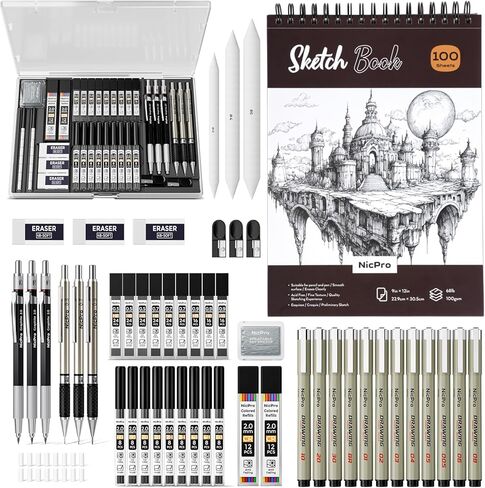 Nicpro 52PCS Art Drawing Supplies Kit, Metal Mechanical Pencil Set 0.5, 0.7, 0.9 & 2mm, 9x12 Sketch Book, 12 Fineliner Pens, 20 Tubes Leads, School Supplies Drawing Kit for Artist Adults Sketching in Kuwait