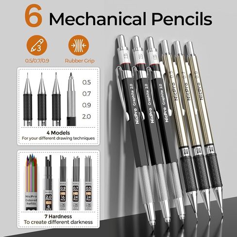 Nicpro 52PCS Art Drawing Supplies Kit, Metal Mechanical Pencil Set 0.5, 0.7, 0.9 & 2mm, 9x12 Sketch Book, 12 Fineliner Pens, 20 Tubes Leads, School Supplies Drawing Kit for Artist Adults Sketching in Kuwait