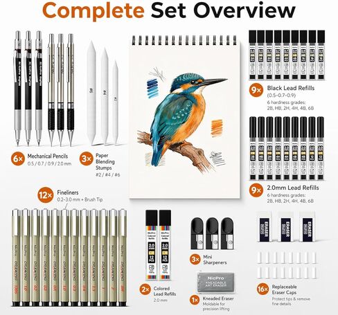 Nicpro 52PCS Art Drawing Supplies Kit, Metal Mechanical Pencil Set 0.5, 0.7, 0.9 & 2mm, 9x12 Sketch Book, 12 Fineliner Pens, 20 Tubes Leads, School Supplies Drawing Kit for Artist Adults Sketching in Kuwait