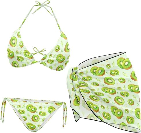 Women's Hawaii Flowers 3 Piece Swimsuits Bathing Suit Sarongs Coverup, Halter Bikini Set with Beach Skirt Cover Up in Saudi Arabia