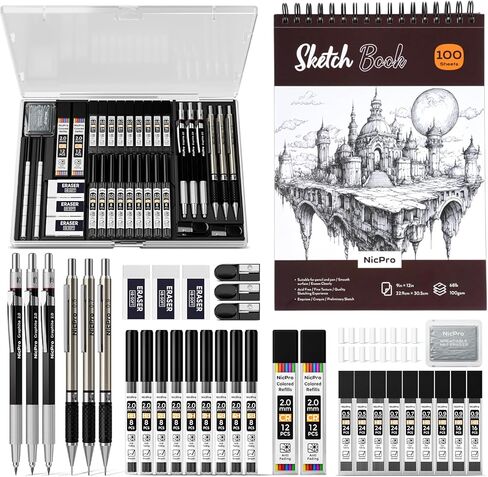 Nicpro 52PCS Art Drawing Supplies Kit, Metal Mechanical Pencil Set 0.5, 0.7, 0.9 & 2mm, 9x12 Sketch Book, 12 Fineliner Pens, 20 Tubes Leads, School Supplies Drawing Kit for Artist Adults Sketching in Kuwait
