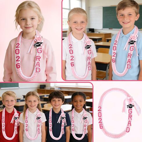 Mikovivi Class of 2026 Graduation Leis, 47.24in Pink Money Ribbon Lei for Kindergarten High School College Grad Double-Braided Ribbon Necklace for Boys Girls Teens 2026 Graduation Accessories in Kuwait