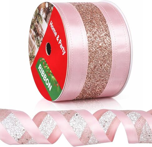 Pink Wired Ribbon with Glitter Mesh, 2.5" x 10 Yards Glitter Satin Stripe Ribbon for Gift Wrapping Bows Making Valentine Christmas Tree Decorations Home Decor Wedding Wreaths Garland Holiday in Kuwait