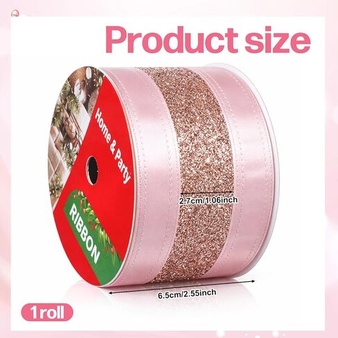 Pink Wired Ribbon with Glitter Mesh, 2.5" x 10 Yards Glitter Satin Stripe Ribbon for Gift Wrapping Bows Making Valentine Christmas Tree Decorations Home Decor Wedding Wreaths Garland Holiday in Kuwait