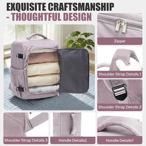 suwasp Travel Backpack for Women Men,Ryanair Backpack 40x30x20CM Airline Approved Personal Item Travel Bag, Carry On Backpack Fits 14 Inch Laptop, 180° Opening, Fits Flight Underseat, Light Purple in Saudi Arabia