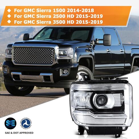 Headlight Fit 2014-2015 for Sierra 1500, 2015-2019 for Sierra 2500 HD, 2015-2019 for Sierra 3500 HD Chrome Housing Clear Reflector Pair Headlight Assembly 23130715 in Kuwait