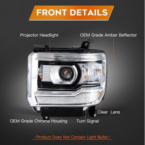 Headlight Fit 2014-2015 for Sierra 1500, 2015-2019 for Sierra 2500 HD, 2015-2019 for Sierra 3500 HD Chrome Housing Clear Reflector Pair Headlight Assembly 23130715 in Kuwait