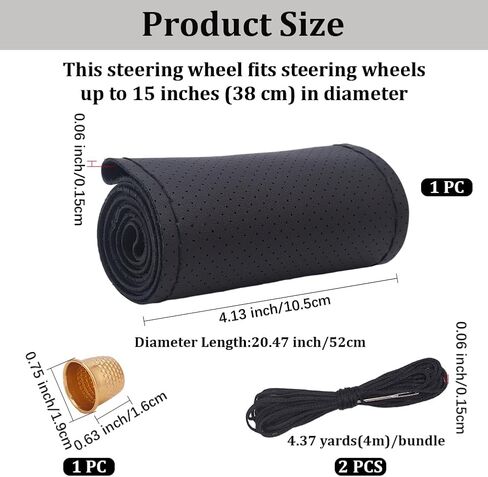 Black Cowhide Steering Wheel Cover Breathable Genuine Leather Stitch on Sewing Wrap Universal Non-Slip Car Steering Wheel DIY Protector with Needle Thread for Men Women(Black Thread) in Kuwait