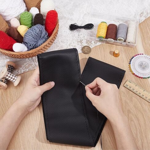 Black Cowhide Steering Wheel Cover Breathable Genuine Leather Stitch on Sewing Wrap Universal Non-Slip Car Steering Wheel DIY Protector with Needle Thread for Men Women(Black Thread) in Kuwait
