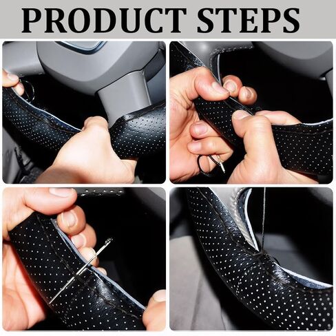 Black Cowhide Steering Wheel Cover Breathable Genuine Leather Stitch on Sewing Wrap Universal Non-Slip Car Steering Wheel DIY Protector with Needle Thread for Men Women(Black Thread) in Kuwait