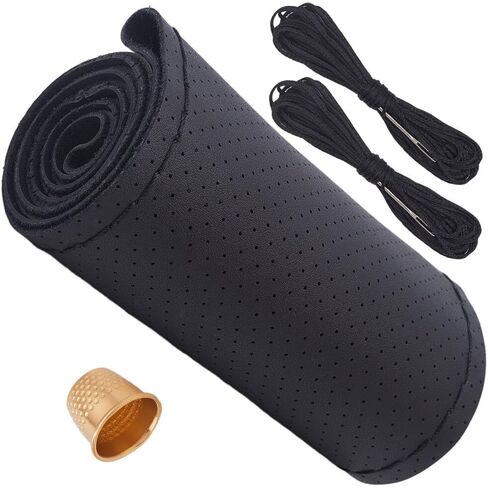 Black Cowhide Steering Wheel Cover Breathable Genuine Leather Stitch on Sewing Wrap Universal Non-Slip Car Steering Wheel DIY Protector with Needle Thread for Men Women(Black Thread) in Kuwait
