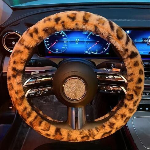 Soft Plush Leopard Cheetah Print Car Steering Wheel Cover with Inner Rubber Ring Snug Fit 15inch Automotive Interior Wheel Protector Car Accessories (D Type) in Kuwait