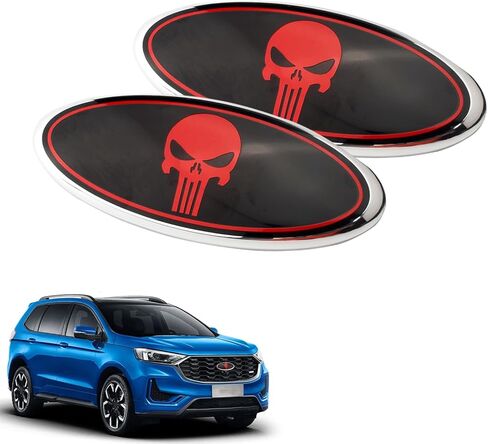 2 PCS Front Grille Skull Trim Emblem, Rear Tailgate Cool Emblem Badge Nameplate, 7" Exterior Self-adhesive Central Mesh Cover Label, Universal for Most Cars, Trucks, SUVs (Black & Red #01) in Kuwait