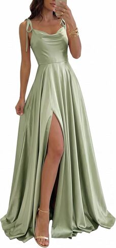 MisShow Women's Satin A-line Prom Dresses 2026 Spaghetti Straps Long Bridesmaid Dress Evening Formal Gown with Slit in Saudi Arabia