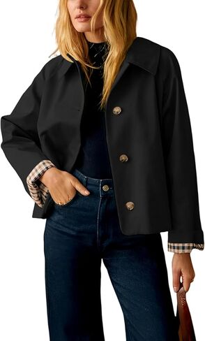Womens Short Plaid Trench Coat Lapel Button Down Jacket with Pocket in Saudi Arabia