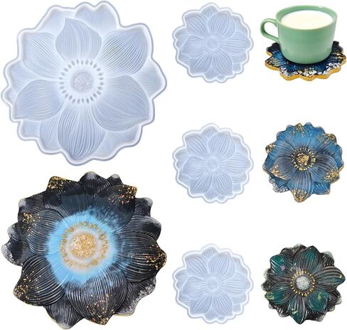 Flower Tray & Coaster Resin Molds Set, Large Flower Shaped Tray Silionce Mold with 3pcs Coaster Molds for Epoxy Resin Art, Home Decor in Saudi Arabia