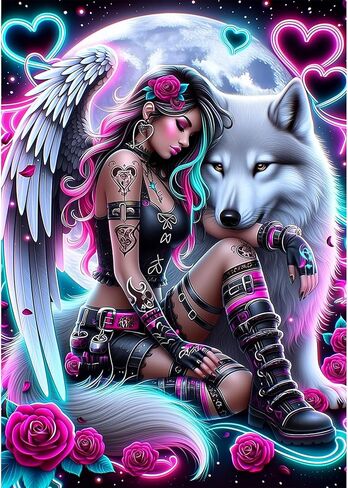MEIYUDA Gothic Angel Diamond Painting Kits for Adults, 5D Gothic Angel Wolf Diamonds Art Kits for Adult Beginners, DIY Full Diamond Art Painting Kit for Home Wall Decor Gift 12x16inch in Kuwait
