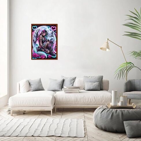 MEIYUDA Gothic Angel Diamond Painting Kits for Adults, 5D Gothic Angel Wolf Diamonds Art Kits for Adult Beginners, DIY Full Diamond Art Painting Kit for Home Wall Decor Gift 12x16inch in Kuwait