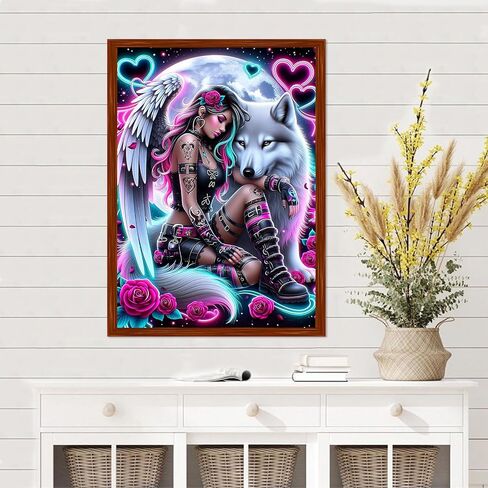 MEIYUDA Gothic Angel Diamond Painting Kits for Adults, 5D Gothic Angel Wolf Diamonds Art Kits for Adult Beginners, DIY Full Diamond Art Painting Kit for Home Wall Decor Gift 12x16inch in Kuwait