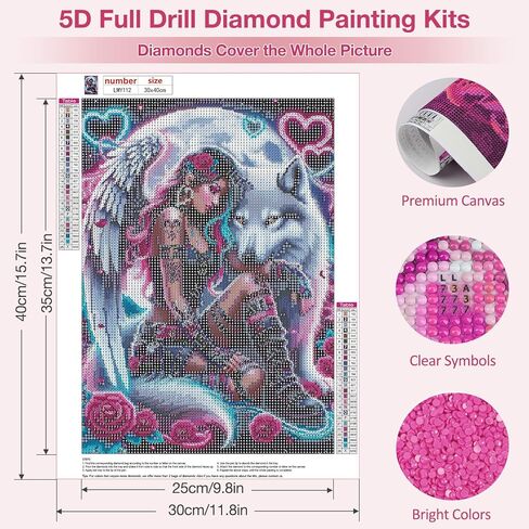 MEIYUDA Gothic Angel Diamond Painting Kits for Adults, 5D Gothic Angel Wolf Diamonds Art Kits for Adult Beginners, DIY Full Diamond Art Painting Kit for Home Wall Decor Gift 12x16inch in Kuwait