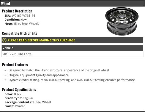 Marketplace Auto Parts Steel Wheel - Black 15 Inch Compatible with 2010-2013 Kia Forte in Kuwait