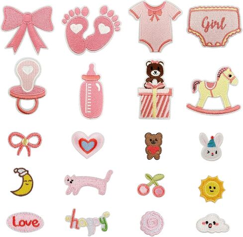 20Pcs Baby Iron On Patches Cute Pink Cartoon Infant Pacifier Bottle Footprint Embroidered Applique for Bibs Jeans Hats Backpacks Baby Shower DIY Gift in Kuwait