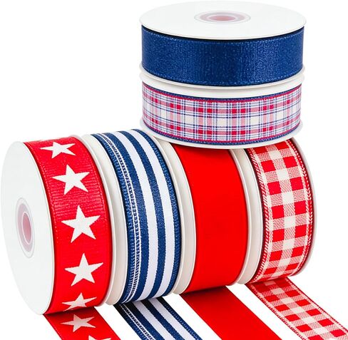 Songye 1.5" Patriotic Wired Ribbon, 30 Yards Total - Stars, Stripes & Plaid Red White Blue Fabric Ribbons for 4th of July Decor, Memorial Day, Independence Day Wreaths, Gift Wrapping & DIY Crafts in Saudi Arabia
