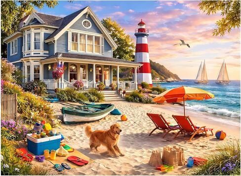 500 Piece Jigsaw Puzzle for Adults, Coastal Lighthouse Beach House Puzzle with Dog Ocean Seaside Scene, Relaxing Vacation Puzzle 500 Piece for Teens Seniors, Thick Pieces No Glare, Gift Family Games in Saudi Arabia