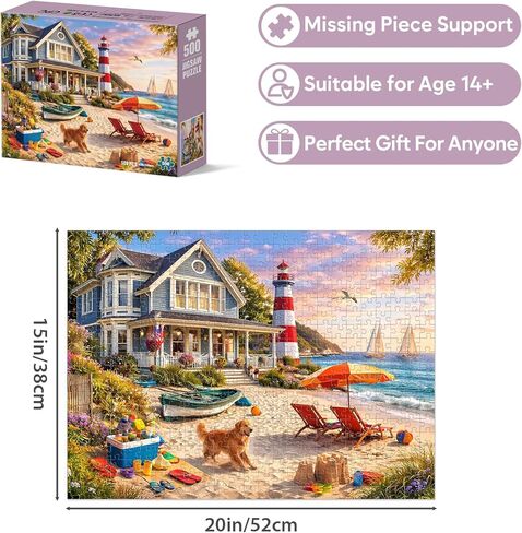 500 Piece Jigsaw Puzzle for Adults, Coastal Lighthouse Beach House Puzzle with Dog Ocean Seaside Scene, Relaxing Vacation Puzzle 500 Piece for Teens Seniors, Thick Pieces No Glare, Gift Family Games in Saudi Arabia