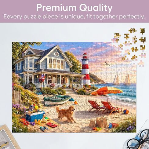 500 Piece Jigsaw Puzzle for Adults, Coastal Lighthouse Beach House Puzzle with Dog Ocean Seaside Scene, Relaxing Vacation Puzzle 500 Piece for Teens Seniors, Thick Pieces No Glare, Gift Family Games in Saudi Arabia