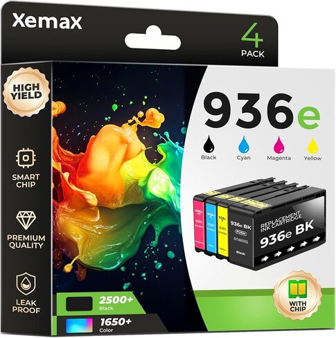 خراطيش حبر 936 936e 4 عبوات (رقاقة جديدة) متوافقة مع OfficeJet Pro 9125e 9135e لـ HP 936 936e 936xl Ink Work for OfficeJet 9122e Pro 9110b 9125e 9128e 9130b 9135e، تنسيق واسع 9720e 9730e in Kuwait