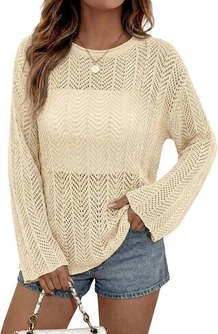 Dokotoo Womens Summer Crochet Hollow Out Sweater Bell Sleeve Beach Coverup Casual Pullover Shirt Tops Vacation Outfits in Saudi Arabia