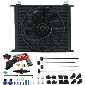 34 Row Engine Auto Transmission Oil Cooler 90w Cooling Electric Fan 10AN Hose in-line Fitting 180F Degree Thermostat Temperature Switch Complete Wiring Kit for Heavy Duty Truck Towing in Kuwait