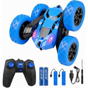 2.4GHz Remote Control Stunt Car for Boys 6-12, 360° Rotating Twin Motors Double Sided Off Road Vehicle, 4WD Rock Climbing Truck with LED Lights, 2 Rechargeable Batteries, Blue in Saudi Arabia