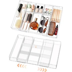 Acrylic Expandable Desk Drawer Organizer with 11 Adjustable Compartments and 6 Removable Dividers Desk Accessories for Office Kitchen Bathroom Makeup and Utensil Junk Storage (Clear, 2Pcs) in Saudi Arabia