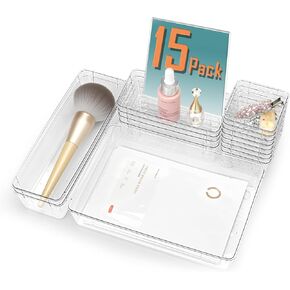 15Pcs Clear Plastic Drawer Organizers Set, 4size makeup drawer organizer trays for vanity/desk/bathroom/office/nightstand/gadgets for kitchen/desk drawer, Versatile drawer divider storage bins in Saudi Arabia