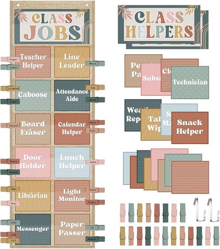 Pasimy Modern Boho Class Jobs Pocket Chart Class Helpers Pocket Chart Classroom Jobs Cards with Clips and Hooks Teacher Helper Bulletin Board Set for Back to School Classroom Teacher Supplies in Kuwait