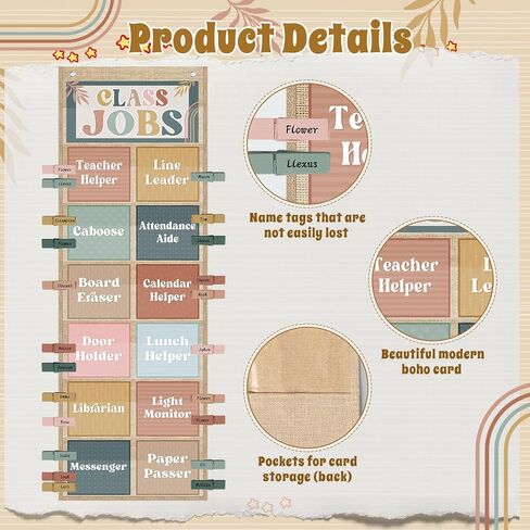 Pasimy Modern Boho Class Jobs Pocket Chart Class Helpers Pocket Chart Classroom Jobs Cards with Clips and Hooks Teacher Helper Bulletin Board Set for Back to School Classroom Teacher Supplies in Kuwait