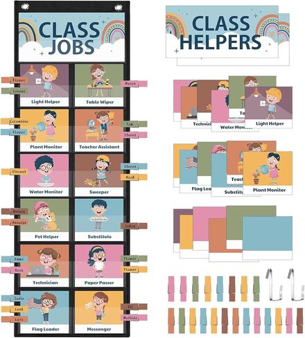 Pasimy Modern Boho Class Jobs Pocket Chart Class Helpers Pocket Chart Classroom Jobs Cards with Clips and Hooks Teacher Helper Bulletin Board Set for Back to School Classroom Teacher Supplies in Kuwait