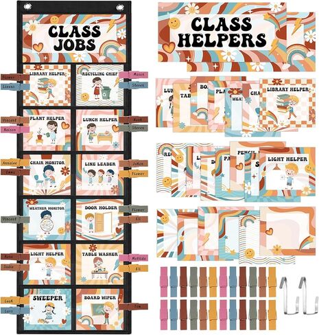 Pasimy Modern Boho Class Jobs Pocket Chart Class Helpers Pocket Chart Classroom Jobs Cards with Clips and Hooks Teacher Helper Bulletin Board Set for Back to School Classroom Teacher Supplies in Kuwait