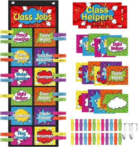 Pasimy Modern Boho Class Jobs Pocket Chart Class Helpers Pocket Chart Classroom Jobs Cards with Clips and Hooks Teacher Helper Bulletin Board Set for Back to School Classroom Teacher Supplies in Kuwait