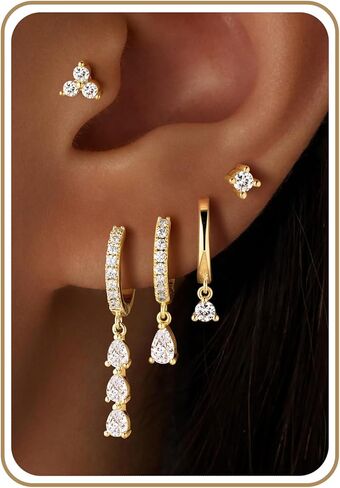 M MOOHAM Gold Dangle Earrings Set for Women, Hypoallergenic 14K Real Gold Plated Drop Dangling Earrings Stack Dainty CZ hoop Earring Flat Back Stud Cartilage Earring Jewelry Gifts for Women in Saudi Arabia