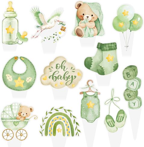 Cute Boho Teddy Bear Cupcake Toppers, Sage Green Oh Baby Cupcake Toppers, We Can Bearly Wait Cupcake Topper for Gender Neutral Baby Shower Supplies, First Birthday Party Supplies in Saudi Arabia