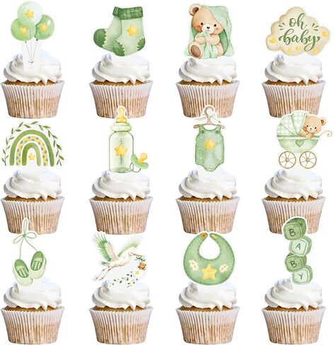 Cute Boho Teddy Bear Cupcake Toppers, Sage Green Oh Baby Cupcake Toppers, We Can Bearly Wait Cupcake Topper for Gender Neutral Baby Shower Supplies, First Birthday Party Supplies in Saudi Arabia