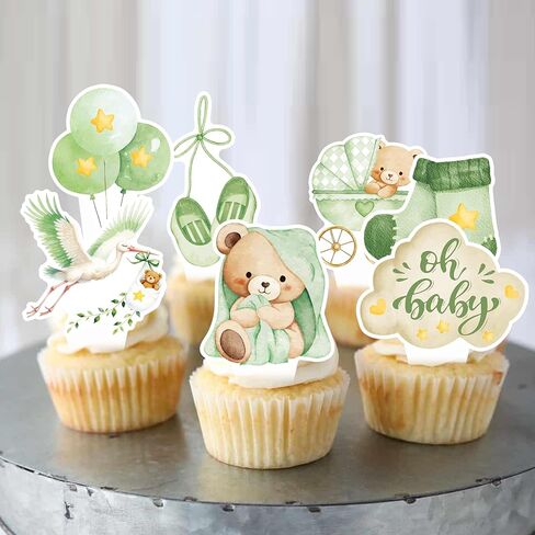 Cute Boho Teddy Bear Cupcake Toppers, Sage Green Oh Baby Cupcake Toppers, We Can Bearly Wait Cupcake Topper for Gender Neutral Baby Shower Supplies, First Birthday Party Supplies in Saudi Arabia