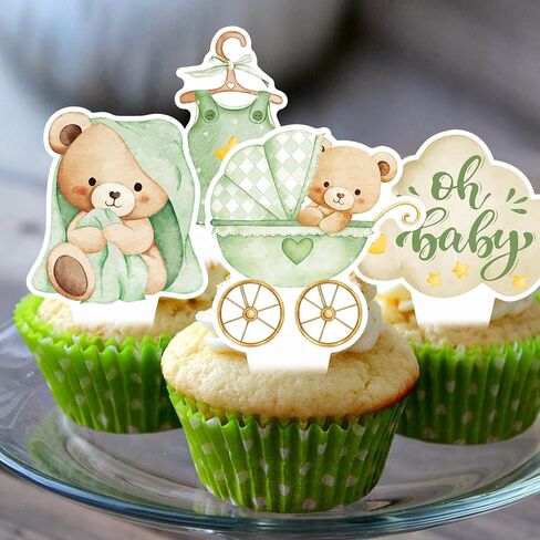 Cute Boho Teddy Bear Cupcake Toppers, Sage Green Oh Baby Cupcake Toppers, We Can Bearly Wait Cupcake Topper for Gender Neutral Baby Shower Supplies, First Birthday Party Supplies in Saudi Arabia