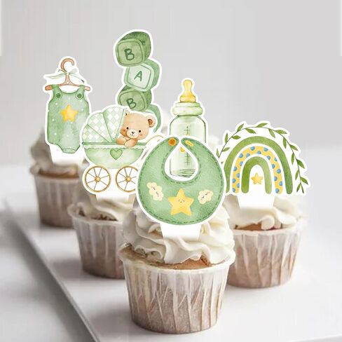 Cute Boho Teddy Bear Cupcake Toppers, Sage Green Oh Baby Cupcake Toppers, We Can Bearly Wait Cupcake Topper for Gender Neutral Baby Shower Supplies, First Birthday Party Supplies in Saudi Arabia